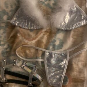 Silver Shimmer Bikini Set with Fur Trim comes with white fishnets